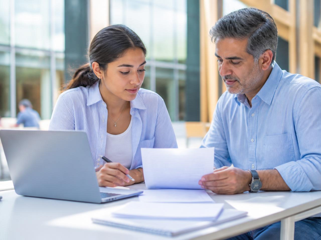 طالبة دولية تراجع خطاب القبول الجامعي وتكاليف الدراسة مع أحد أفراد أسرتها داخل حرم جامعي حديث